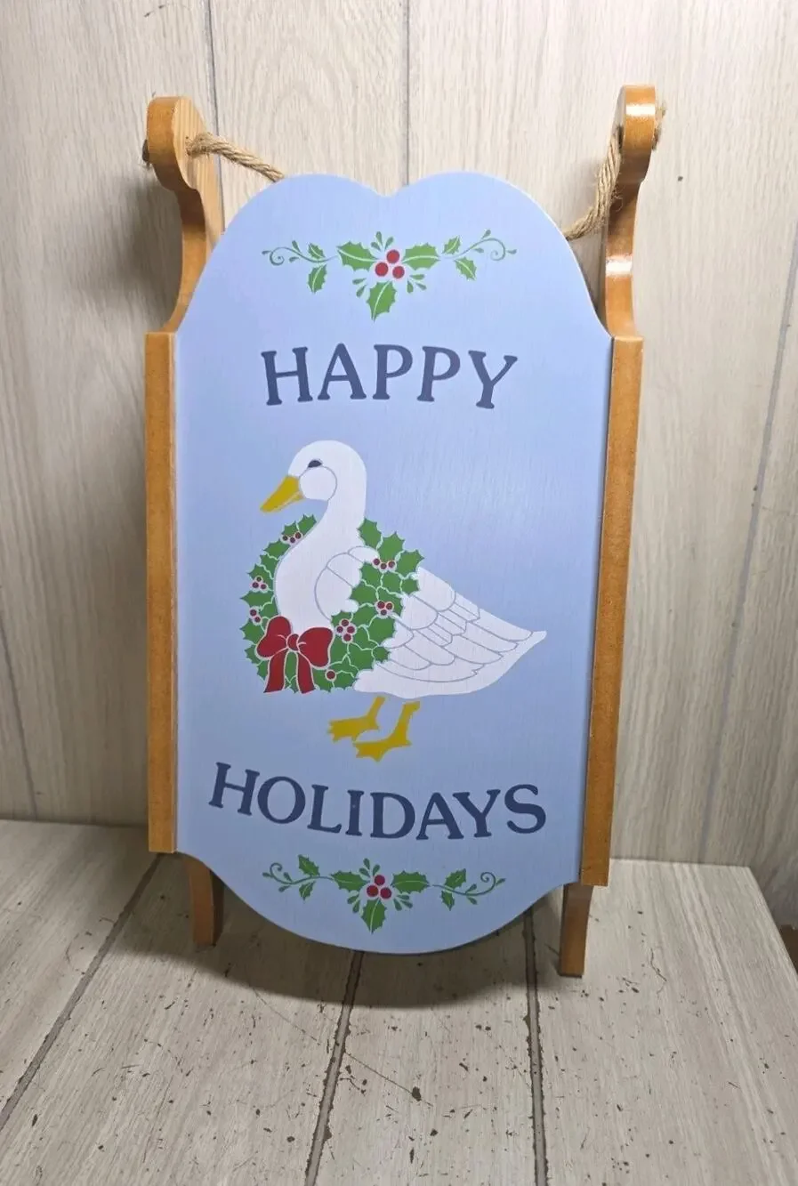 Vtg Happy Holidays Christmas Goose Sled Reversible Knick Knack Shelf Duck NIB